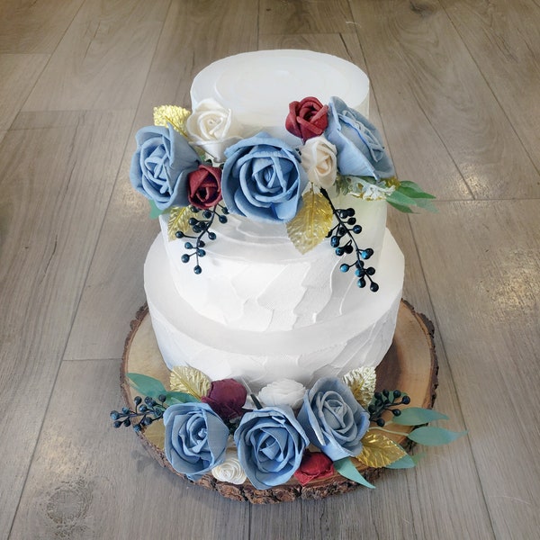 2PC Gold Blatt Blau Hochzeitstorte Blumengirlande, Holz Rose Cake Topper Blumen, Wiederverwendbare Burgundy Dusty Blue Navy Künstliche Cake Topper