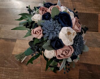 Mauve & Blue Sola Wood Bridal Bouquet, Lasting Bridal Bouquet Made of Wood, Mauve Dusty Blue Wedding Flowers, Pink Blue Wooden Bouquet, Prom