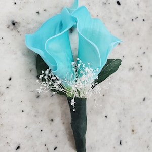 Calla Lily Boutonniere Turquoise Blue Real Touch Flowers, Tropical Wedding Groom Flowers Father of the Bride Groomsmen, Prom HOCO Flowers