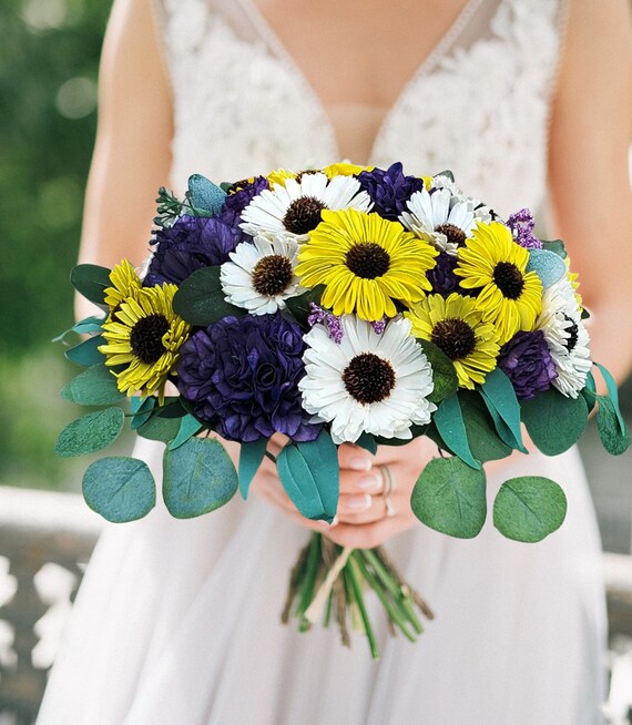 purple and yellow wedding bridesmaid dresses Daisy Bridal Bouquet Sola Wood Flowers while a tasteful slit ALLSTYLES22 Light Blue Baby Fancy Color:Dusty Purple