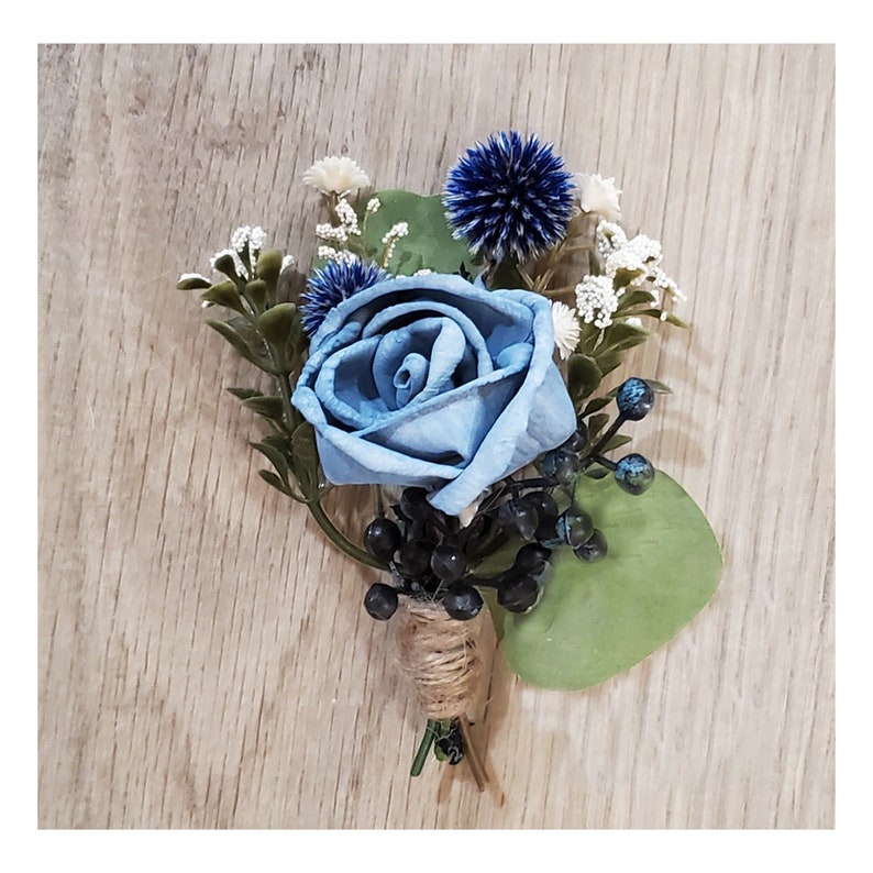 Dusty Blue BOHO Boutonniere With Thistle Sola Wood Rose Flowers for