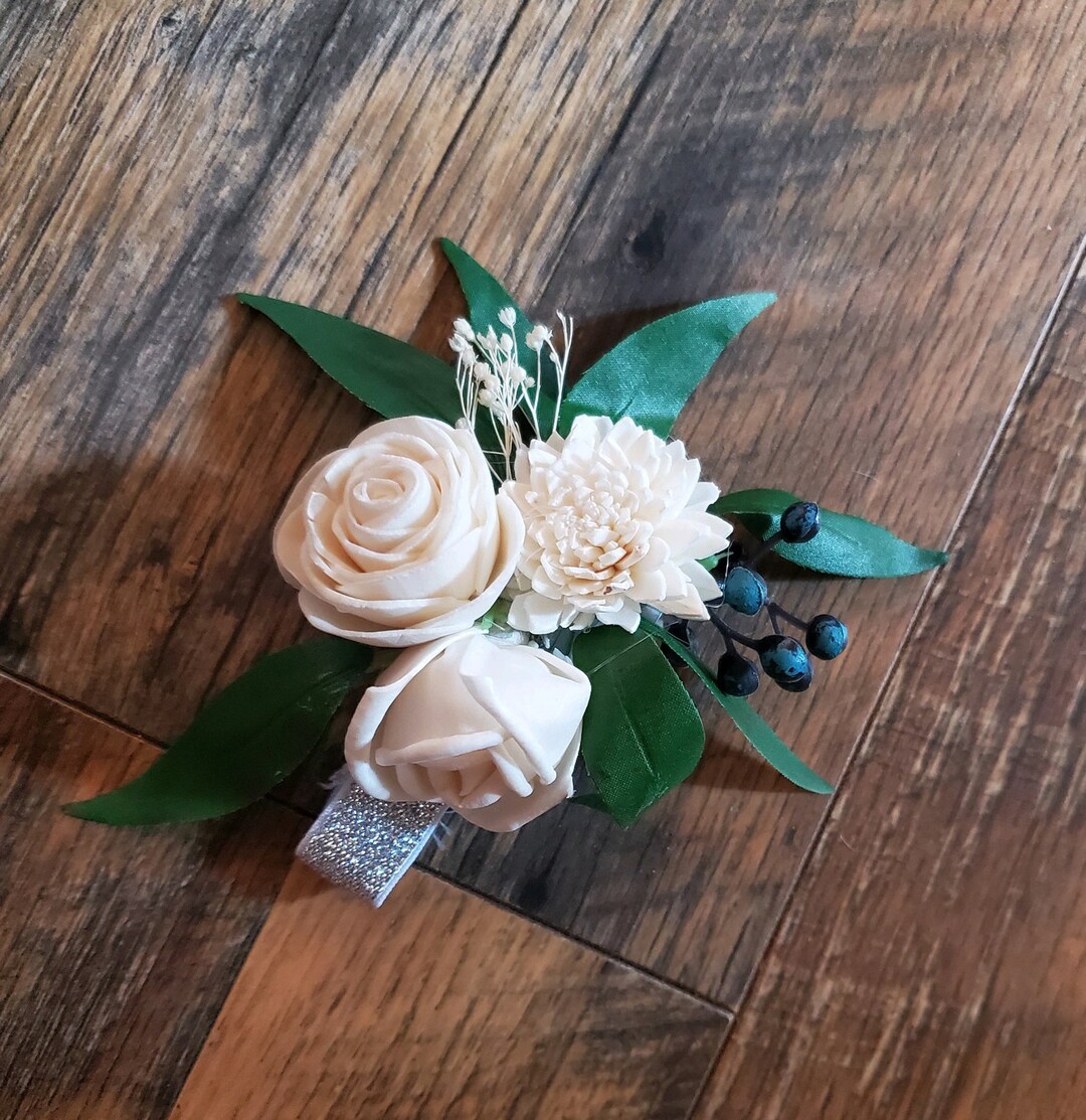 White Navy Wrist Corsage, Ivory Sola Wood Wrist Corsage, White Blue