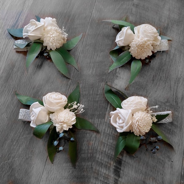 4PC White Wrist Corsage Set Sola Wood Flowers for Wedding Prom & Homecoming, Artificial Ivory Mother of the Bride Groom Grandmother Wristlet