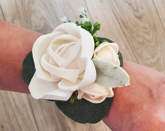 White & Ivory Wrist Corsage, Ivory Sola Wood Wrist Corsage, White  Cream Wedding Flowers, Ivory Mother of Bride Groom, White Prom Flowers