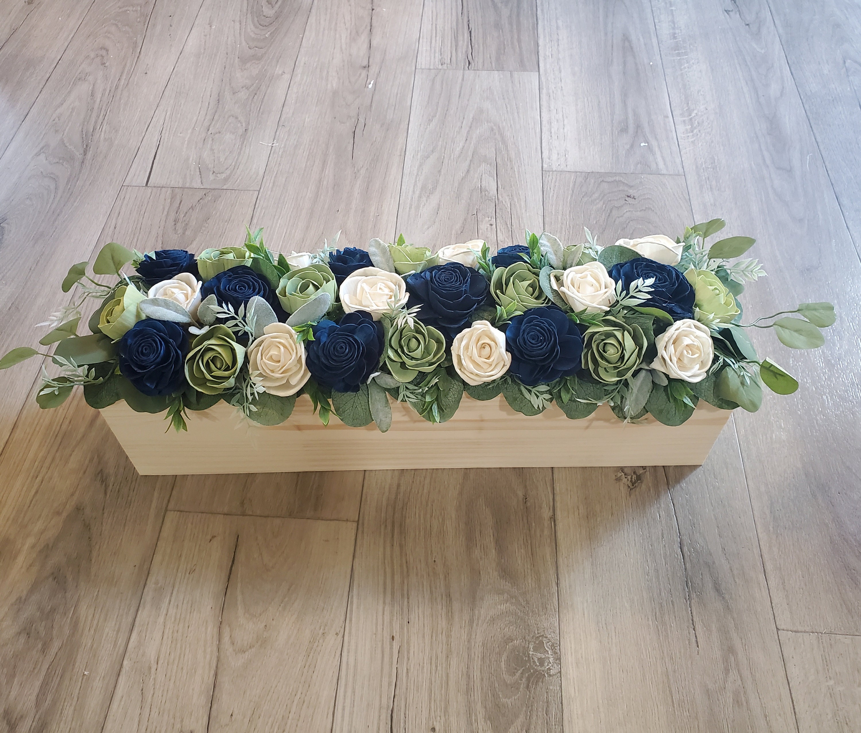 Navy Blue Sage Long Centerpiece White Sola Wood Flower Arrangement 