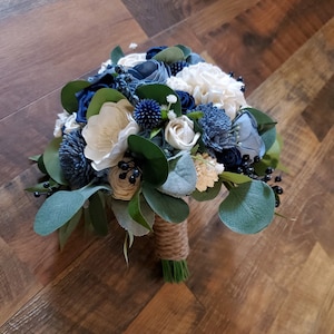 Navy Dusty Blue Bridal Bouquet, Blue Thistle Ball Bridal Bouquet, Blue Sola Wood Bridal Bouquet, Navy Light Blue Wedding Eucalyptus Bouquet