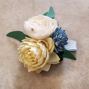 Yellow & Dusty Blue Wrist or Pin on Corsage, Light Blue Yellow Sola Wood Wedding Corsage, Yellow Blue Prom Flowers, Mother of Bride Groom