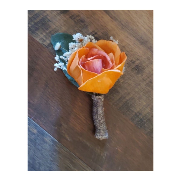 Orange Homecoming Boutonniere, Fall Wedding Flowers, Burnt Orange Sola Wood Flower Boutonniere, Orange Groom Flowers, Orange Prom Flower