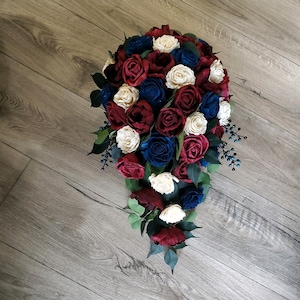 Burgundy Navy Blue White Bridal Bouquet, Burgundy Navy Sola Wood Flower Bouquet, Blue Dark Red Bride Cascade, Burgundy Navy Wedding Flowers