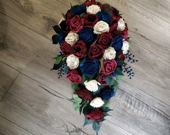 Burgundy Navy Blue White Bridal Bouquet, Burgundy Navy Sola Wood Flower Bouquet, Blue Dark Red Bride Cascade, Burgundy Navy Wedding Flowers