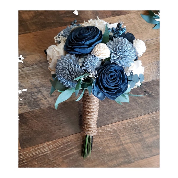 Bridesmaid Bouquet, Navy Dusty Blue Sola Wood Bouquet, Blue Decor Bouquet, Flower Bouquet Made of Wood, Blue Wedding Bridal Prom Bouquet