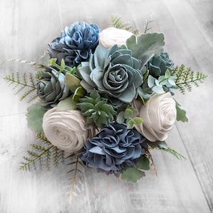 Dusty Blue Sage Sola Wood Bridal Bouquet Succulent Hydrangea Bridesmaid Wedding Flowers Natural Artificial Decor Prom Corsages Centerpiece
