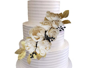 Gold Wedding Cake Flowers, White & Navy Blue Gold Leaf Cake Garland, Ivory Wedding Cake Topper, Gold Cake Decorations, DIY BOHO Cake Decor