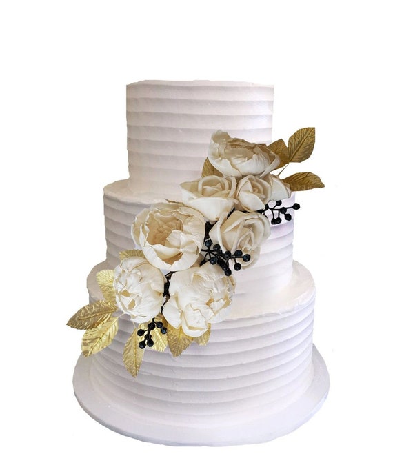 Gold Wedding Cake Flowers, White & Navy Blue Gold Leaf Cake