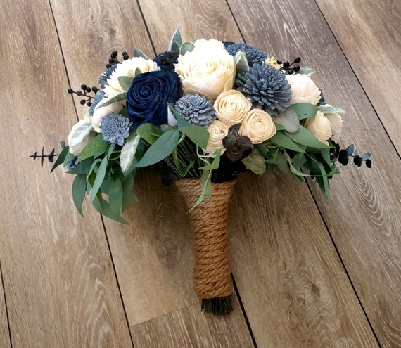 Dusty Blue Bridal Bouquet, Extra Large Dusty Blue Navy Bouquet for
