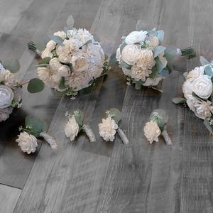 17PC Ivory Bridal Bouquet Sola Wood Wedding Flower Set BOHO White Cream Eucalyptus Includes Bridesmaids Boutonnieres Toss & Mother Corsages