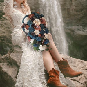 Teal & Burnt Orange Bridal Cascade Bouquet Calla Lily Blue Sola Wood Wedding Flower Artificial Bridesmaid Brown Bark Boutonniere Decor Prom