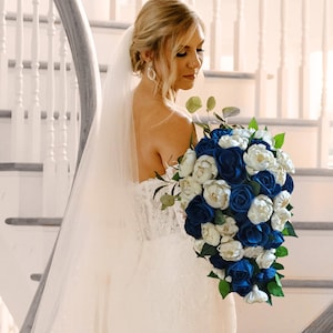 Navy Blue Bridal Bouquet Ivory Sola Wood Cascade Wedding Artificial Bridesmaid Flowers Rose Peony Eucalyptus Boutonniere Corsage Prom Decor