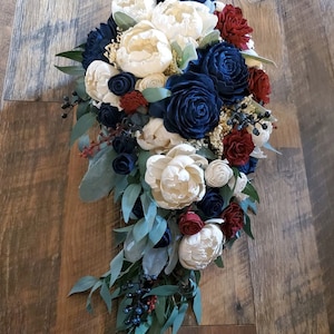Navy Blue Burgundy Bridal Bouquet, Wedding Cascade made of Sola Wood Flowers, Dark Red Cascading Artificial Flowers for Bride & Bridesmaids