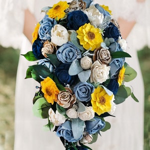 Dusty Blue Sunflower Bridal Bouquet Sola Wood Navy Cascade Yellow Bridesmaid Artificial Wedding Flower Decor Corsage Prom Boutonniere
