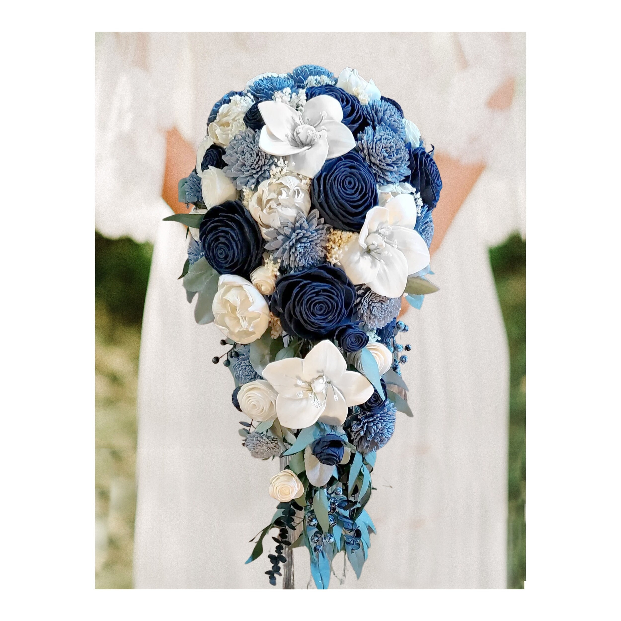 White Lily Dusty Blue Navy Sola Wood Cascade Bridal Bouquet