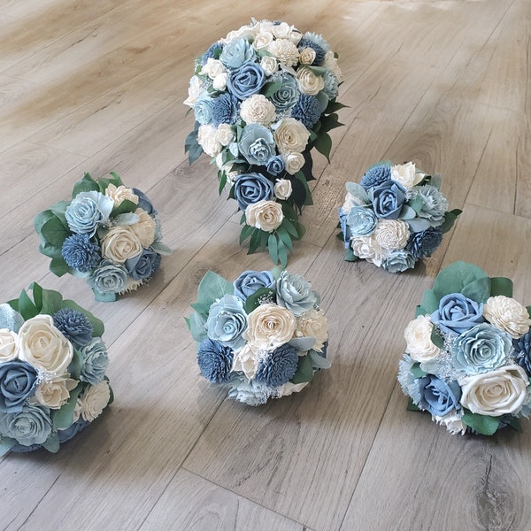 6PC Dusty Blue Bouquet Set made of Sola Wood Wedding Flowers Includes Cascade Bridal Bouquet & 5 Bridesmaid Bouquets for Beach Weddings