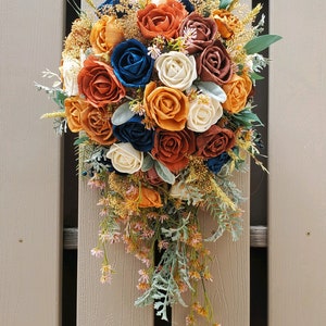 Burnt Orange Navy Bridal Bouquet Sola Wood Fall Color BOHO Wedding Flowers Blue Cascade Bridesmaid Corsage Groom Boutonniere Prom Homecoming