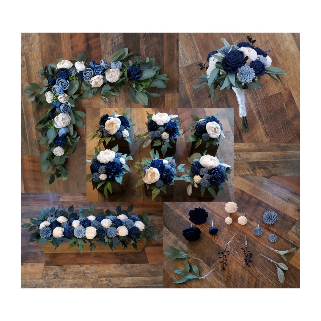 24PC Essential Wedding Decor Package, Dusty Blue Navy Sola Wood Flowers