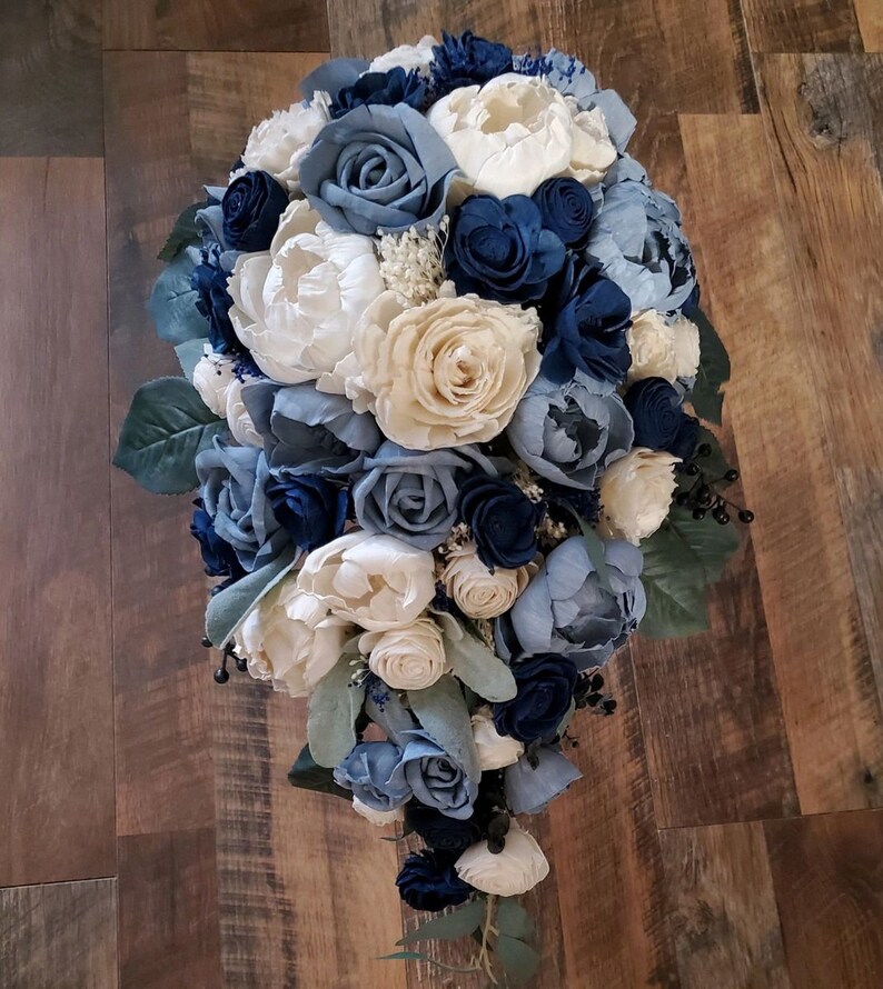 Dusty Blue Bridal Bouquet, Dusty Blue and Navy Sola Wood Flower Bouquet
