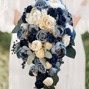 Dusty Blue Navy Bridal Sola Wood Cascade Custom White Flower Cascading Wedding Artificial Bouquet Bridesmaid Groom Boutonniere Corsage Decor