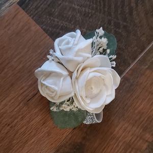 White Wrist Corsage, Ivory Sola Wood Wrist Corsage, White Wedding Flowers, Mother of Bride Corsage, Grandmother Flowers, White Prom Flowers
