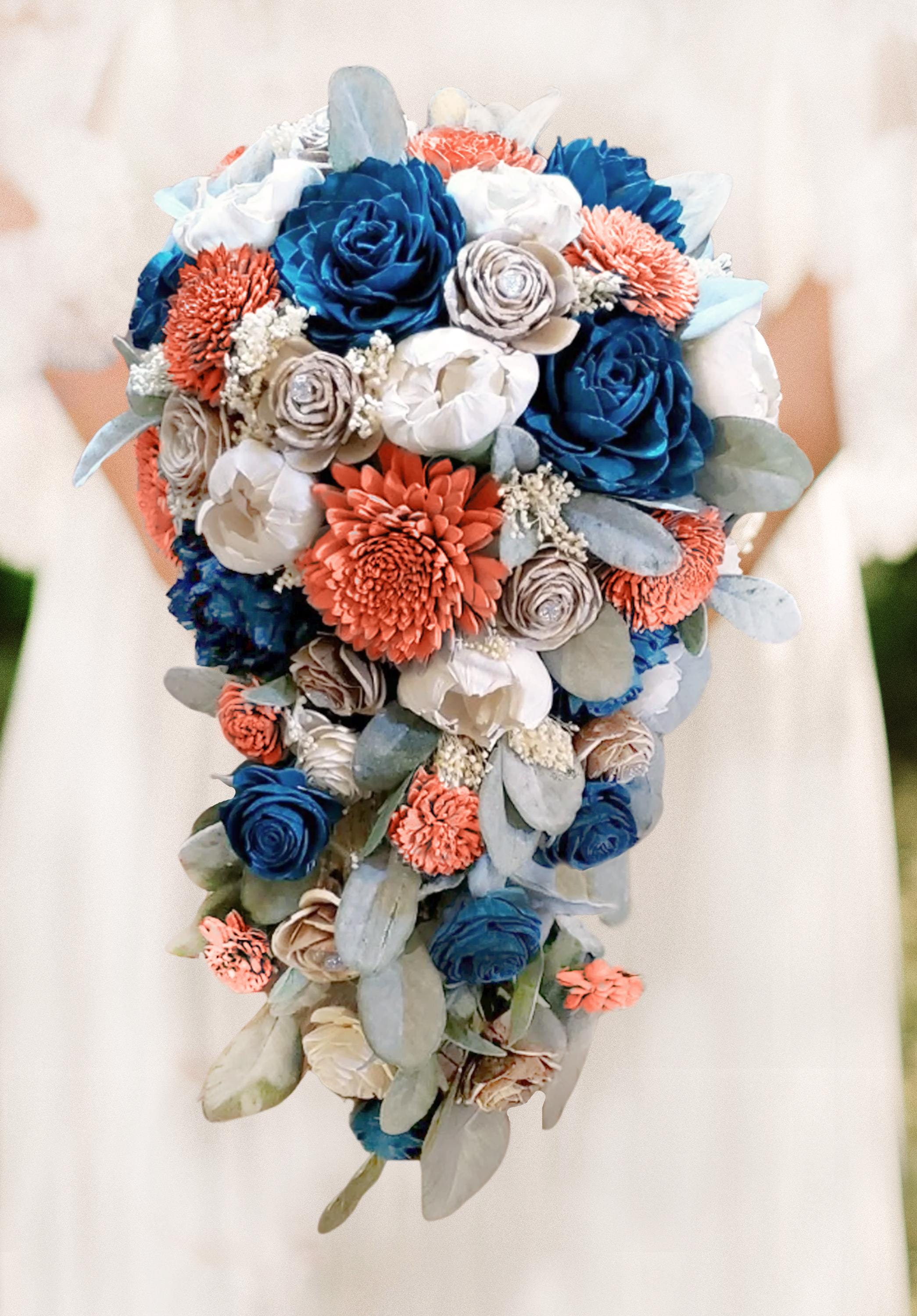 Teal Coral Cascade Bridal Bouquet Sola Wood Natural Eucalyptus…