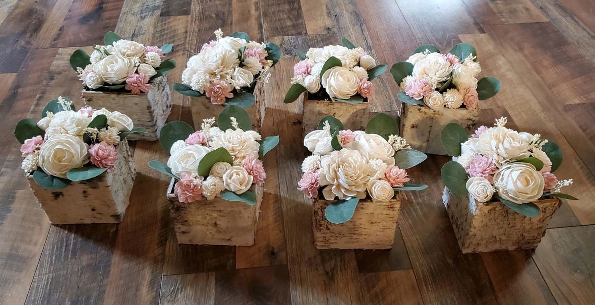 8PC Pink and White Centerpieces, Ivory Pink Sola Wood Flower Centerpieces, Blush Wedding Centerpieces, Birch Centerpieces, Dusty Rose Decor