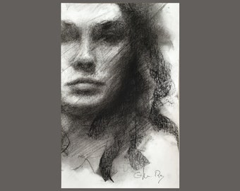 Art, Drawing, Original work, Portrait of a woman, Handmade drawing, Work of Carmen Rey, Charcoal and pencil drawing, unframed.