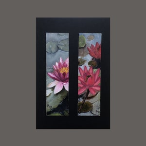 Kunst, Origineel werk, Realistisch schilderij, Olieverfschilderij, Klein schilderij, Tweeluik, gemaakt door Carmen Rey, bloemschilderij, Lotus