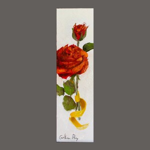 Origineel schilderij om in te lijsten, Kunst, Wandkunst, Uniek werk, Rozen, Klein schilderij, Bladwijzerformaat. Rosa van Sant Jordi.