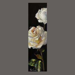 Kunst, rozenschilderij, wandkunst, uniek werk, origineel schilderij, klein schilderij, bladwijzerformaat, door Carmen Rey.