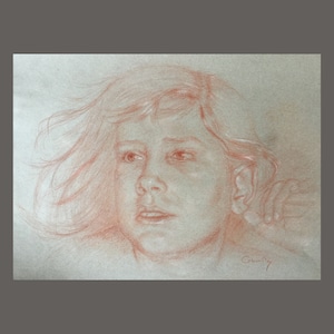 Arte, Disegno, Disegno a pastello sanguigno e bianco su carta riciclata, Realizzato da Carmen Rey, Opera originale, Ritratto fatto a mano