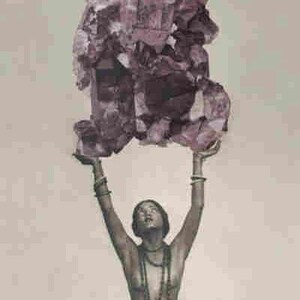 May include: A monochromatic artistic print featuring a figure with arms raised, supporting a large, jagged, crystalline cluster of amethyst. The figure is adorned with layered necklaces and bracelets, depicted in a vintage, sepia-toned aesthetic.