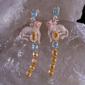 Leopard Oorbellen * Blue Topaz + Citrien + Zircon + Ruby * Gratis DHL Express Verzending * 71024ger6 * *