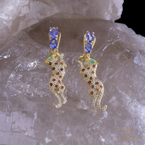 Leopard Oorbellen * Tanzanite + Emerald + Rhodolite Garnet + Emerald + Zircon * Gratis DHL Express Verzending *7117ger2