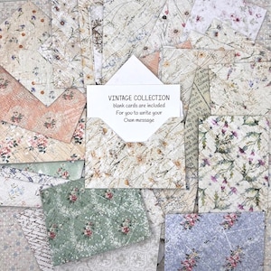 Puede incluir: Un conjunto de papelería de estilo vintage con diseños florales y botánicos. El conjunto incluye tarjetas y sobres, con el texto "VINTAGE COLLECTION blank cards are included For you to write your Own message."