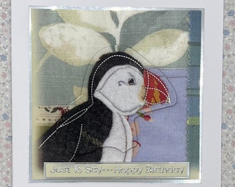 PUFFIN silver foiled 3D layered hand made birthday card