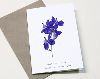 Carte avec fleur séchée · Dauphinelle violette · Carte fleurie, carte herbier, carte de voeux, carte cadeau ou carte d'anniversaire