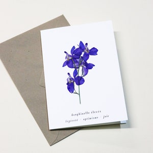 Carte avec fleur séchée · Dauphinelle violette · Carte fleurie, carte herbier, carte de voeux, carte cadeau ou carte d'anniversaire