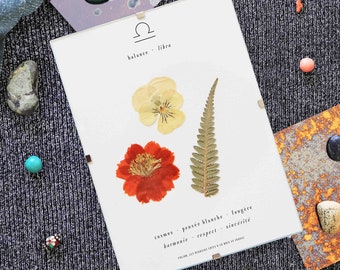 Peut inclure: Une impression encadrée blanche avec un signe du zodiaque Balance et les mots "balance - libra" en haut. L'impression présente des fleurs et des fougères pressées avec les mots "cosmos - paix - blanche -  louger -  harmonie - respect - sincerite" en bas.