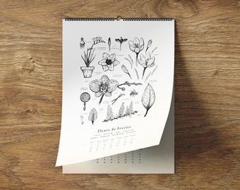 Peut inclure: Un calendrier illustré en noir et blanc représentant une variété de fleurs et de plantes. Le calendrier est intitulé "Fleurs de février" et comprend une grille de dates pour le mois de février.