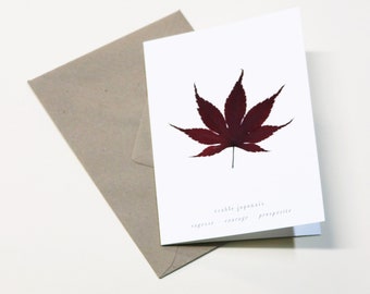 Carte avec feuille séchée · Érable Japonais · Carte fleurie, carte herbier, carte de voeux, carte cadeau ou carte d'anniversaire