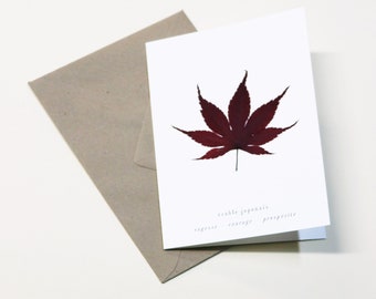 Card with dried leaf · Japanese maple · Flower card, herbarium card, greeting card, gift card or birthday card