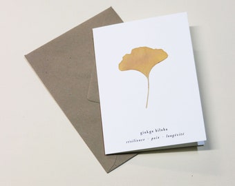 Carte avec feuille séchée · Ginkgo Biloba · Carte fleurie, carte herbier, carte de voeux, carte cadeau ou carte d'anniversaire